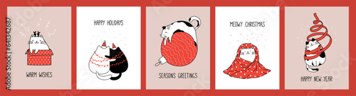 Hand drawn collection greeting cards and posters with cute cats for Christmas and New Year.