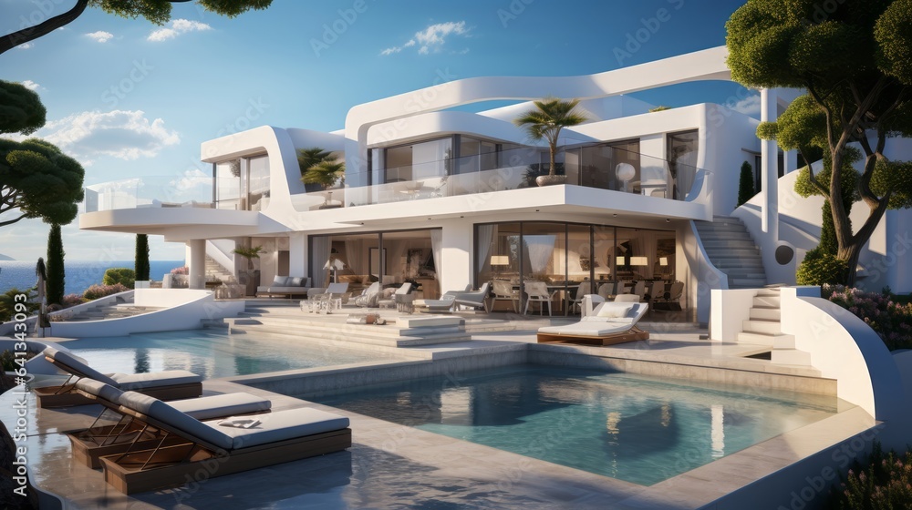 White modern villa. Generative AI. White modern villa. Generative AI.