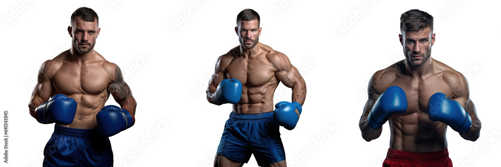 Fit muscular caucasian athlete fighting in blue sportswear isolated on transparent background Sport competition excitement and emotions concept