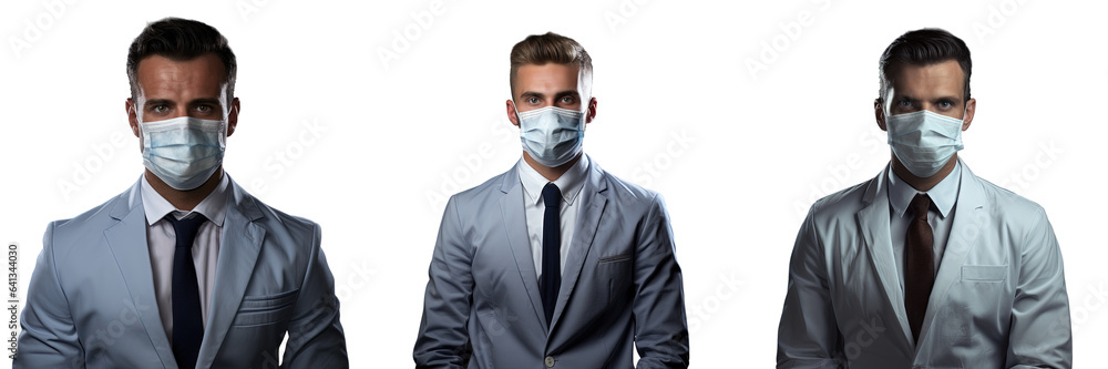 Man wearing formal attire and mask gazes at camera separated from surroundings Man wearing formal attire and mask gazes at camera separated from surroundings