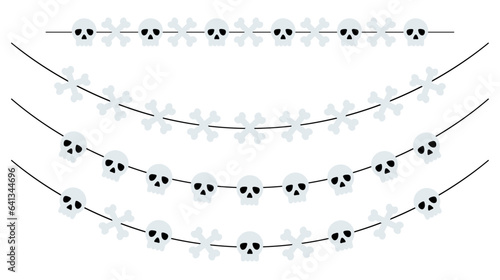 Bunting with sculls and bones. Garland set for Halloween. Isolated vector and PNG on transparent background.