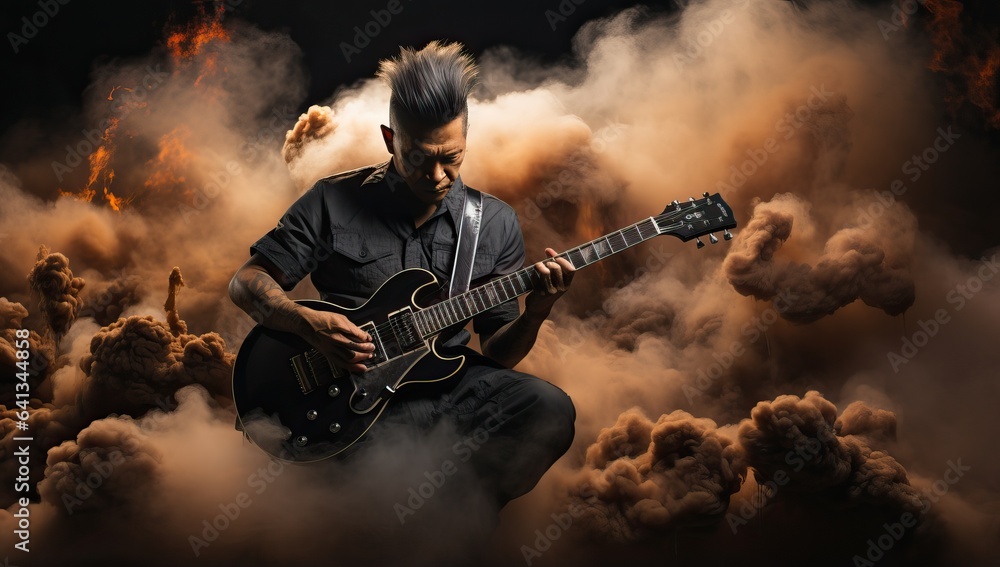 Young asian man playing electric guitar in smoke on black background.