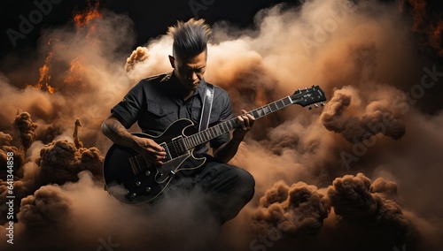 Young asian man playing electric guitar in smoke on black background.