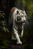 A white tiger walking through the jungle. AI Generated