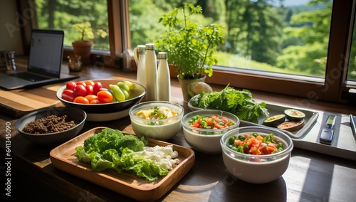 Healthy breakfast with fresh vegetables and meat on wooden table near the window photo