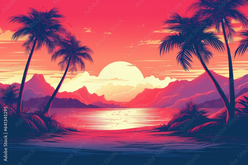 Illustration of sunset on a tropical beach
