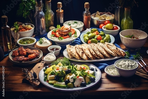 Selection of traditional greek food - greek salad, tzatziki, souvlaki, gyros and baked potatoes