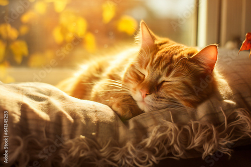 A cute orange cat sleeping on the window sill on a blanket