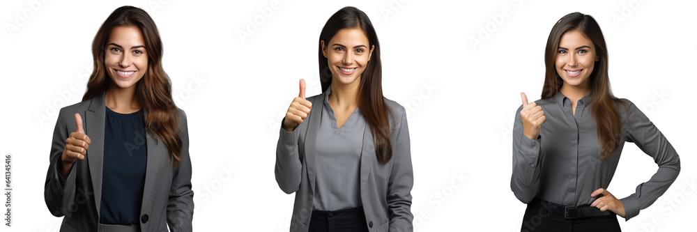 Young Caucasian woman in casual dress giving thumbs up on transparent background Young Caucasian woman in casual dress giving thumbs up on transparent background