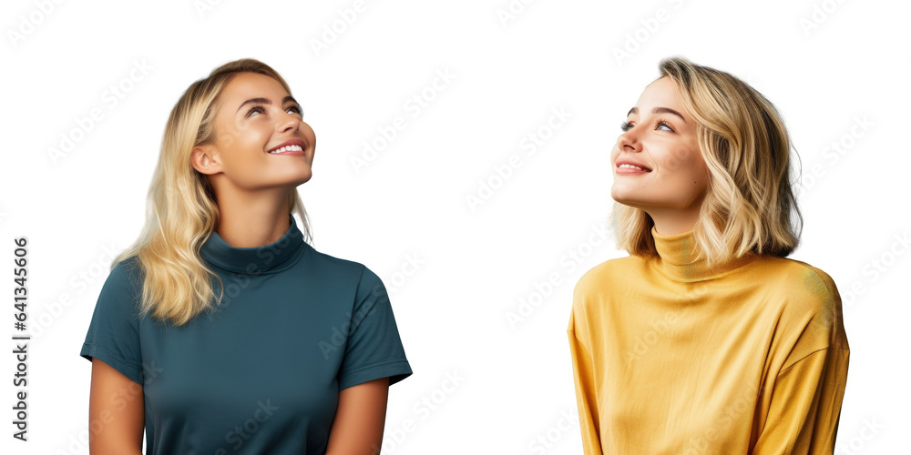 Blonde woman pondering standing and smiling sideways over a transparent background Blonde woman pondering standing and smiling sideways over a transparent background