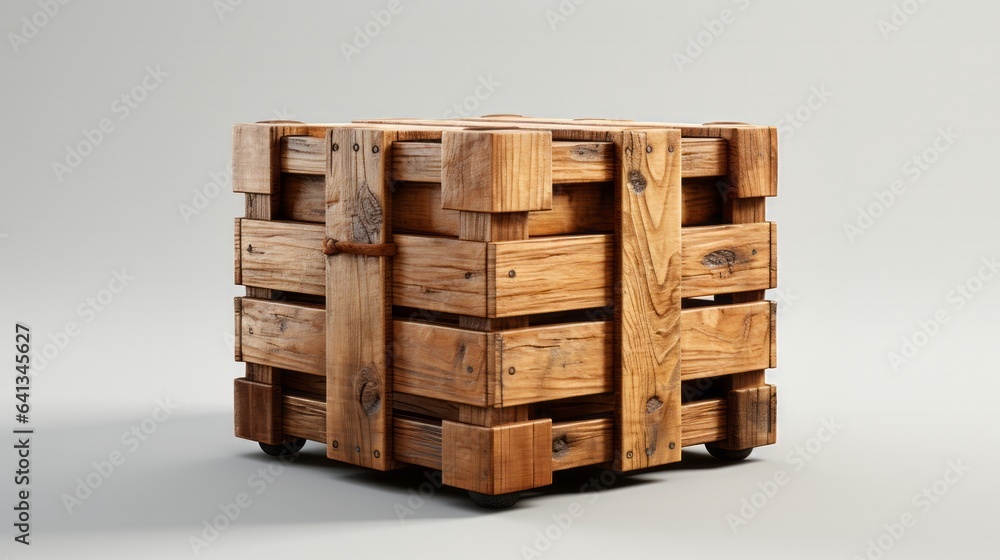 Wooden crate on a white surface. Generative AI. Wooden crate on a white surface. Generative AI.