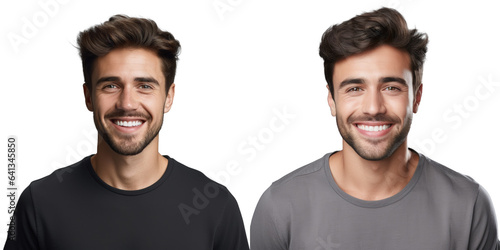 Portrait of a smiling young man in casual clothes posing and looking directly at the camera with healthy teeth after dental treatment isolated on a grey studio background