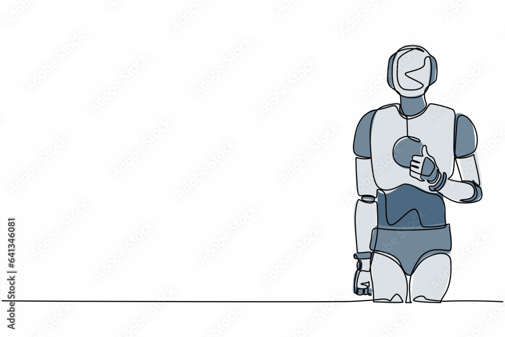 Continuous one line drawing robot standing with thumbs up gesture. Deal, like, agree, approve, accept. Humanoid cybernetic organism. Future robotic. Single line draw design vector graphic illustration