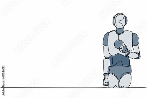 Continuous one line drawing robot standing with thumbs up gesture. Deal, like, agree, approve, accept. Humanoid cybernetic organism. Future robotic. Single line draw design vector graphic illustration