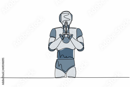 Single continuous line drawing robot standing with holding palms in prayer. Robot emotion, body language gesture. Modern robotic artificial intelligence. One line graphic design vector illustration
