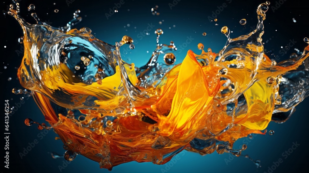 Yellow and blue water splashes in circle shape on black. Generative AI. Yellow and blue water splashes in circle shape on black. Generative AI.