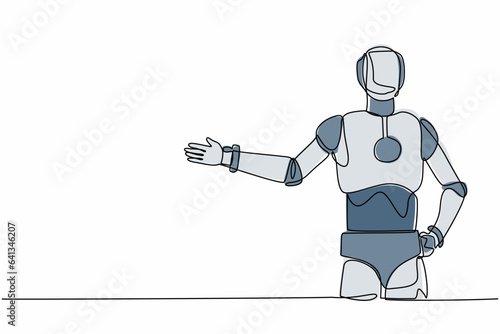 Single continuous line drawing robot standing with showing something or presenting project. Robotic artificial intelligence. Electronic technology industry. One line graphic design vector illustration