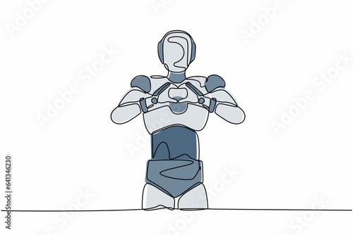 Continuous one line drawing robot standing with making love sign, heart symbol in front of chest. Humanoid cybernetic organism. Future robotic development. Single line draw design vector illustration