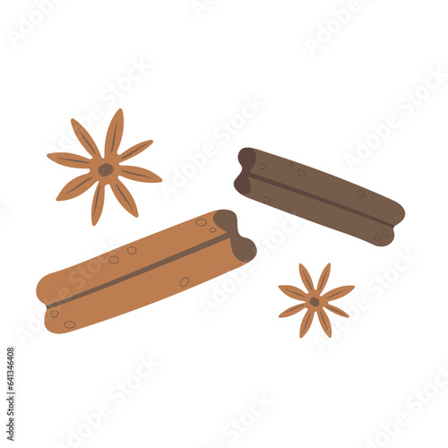 Spices elements for kitchen. Flat hand drawn spices with texture vector illustration. Anise and cinnamon. Cute elements for spice shop. Autumn dishes concept.