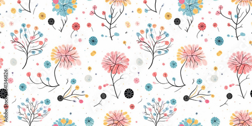 Group of striking colorful wildflowers in an endless seamless pattern on a neutral background. Floral print for textile manufacturing of children's clothing for boys and girls. Botanical mosaic concep