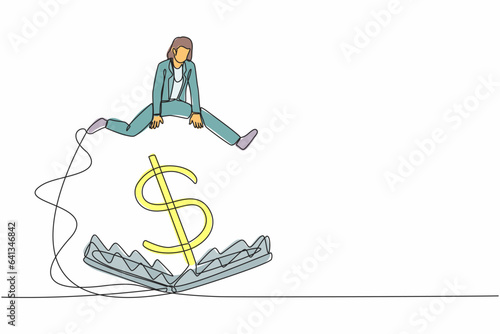 Continuous one line drawing businesswoman jumping over money pitfall with big money dollar symbol. Financial money trap, ponzi scheme or business pitfall. Single line draw design vector illustration