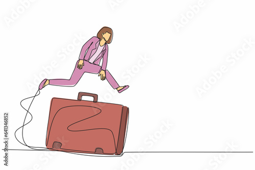 Single continuous line drawing businesswoman jumping over big briefcase. Manager diplomat conclude contracts and store financial information. Professional suitcase. One line design vector illustration