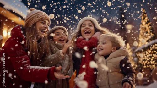family celebrating Christmas outdoors. Generative AI