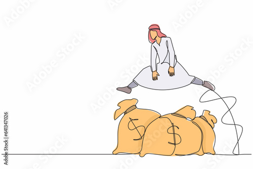 Single continuous line drawing Arab businessman jump over money bag. Wealth and successful business person. Business loan or funding to start company. One line draw graphic design vector illustration