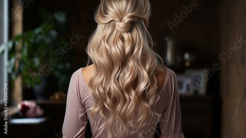 Young woman with long braided blonde hair rear view. Generative AI.