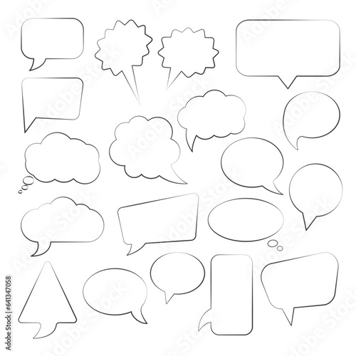 Hand drawn set of speech bubbles sketch doodle. Collection of hand drawn think and talk speech bubbles. Doodle style comic balloon, cloud. isolated vector.