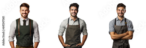 Happy employee in a white apron with crossed arms working as a barman waiter or gardener photo
