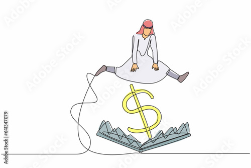 Single continuous line drawing Arab businessman jumping over pitfall with big money dollar sign bait. Financial investment scam. Trap of getting rich for a moment. One line design vector illustration