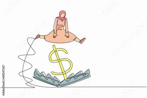 Single one line drawing Arabian businesswoman jumping over money pitfall with big money dollar symbol. Financial money trap, ponzi business scheme. Continuous line design graphic vector illustration