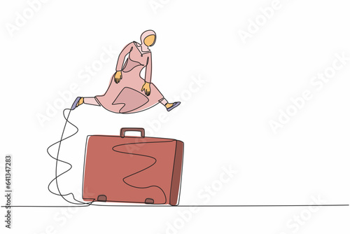 Single continuous line drawing Arabian businesswoman jumping over big briefcase. Manager diplomat conclude contracts and store financial information. One line draw graphic design vector illustration