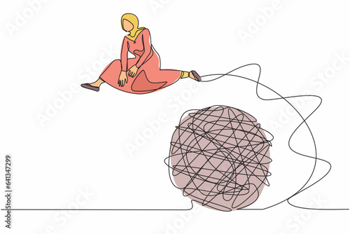 Continuous one line drawing Arab businesswoman jumping over tangled scribble. Solution looking for complicated problem. Overcoming complexity of problem. Single line design vector graphic illustration