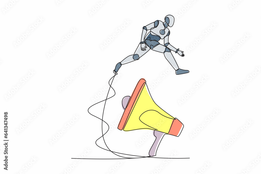 Single continuous line drawing robot jumping over big megaphone ...