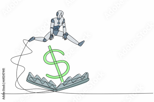 Continuous one line drawing robot jumping over money pitfall with big money dollar symbol. Financial money trap. Humanoid future robot cybernetic organism. Single line draw design vector illustration photo