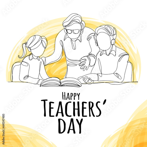 Teachers Day Banner With Simple Teacher Teaching Student Illustration One Continuous Line Style