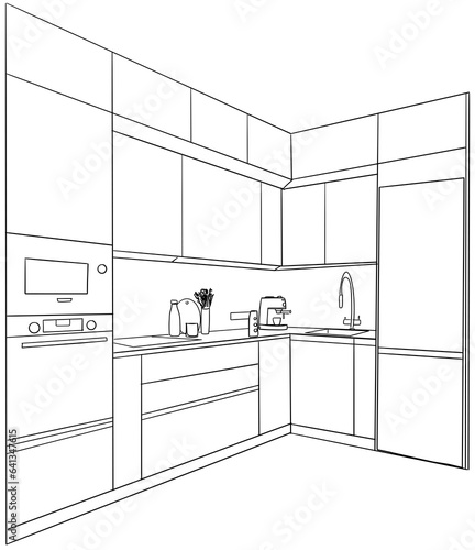 Kitchen with furniture and kitchenware, sketch