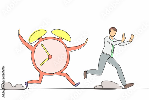 Single one line drawing stressed businessman being chased by clock. Running out of time. Deadline project. Minimal metaphor concept. Modern continuous line draw design graphic vector illustration
