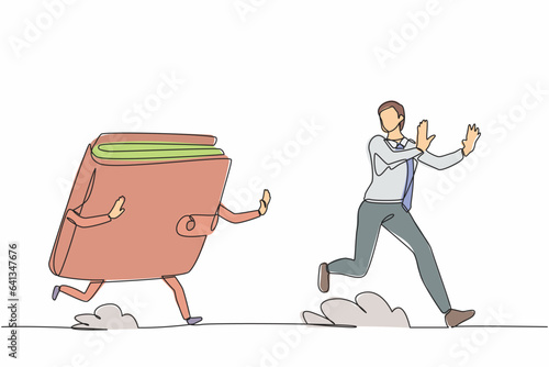 Continuous one line drawing stressed businessman being chased by wallet. Losing money, spending, pay, wasteful, gone money. Minimalist metaphor concept. Single line design vector graphic illustration