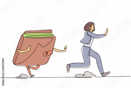 Continuous one line drawing scared businesswoman being chased by wallet. Female worker losing money, wasteful spending, gone money. Minimalist metaphor. Single line design vector graphic illustration