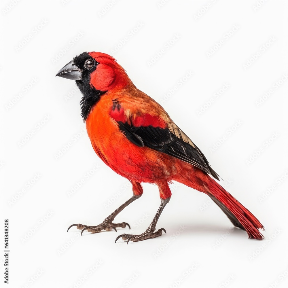Northern red bishop bird isolated on white background. Northern red bishop bird isolated on white background.