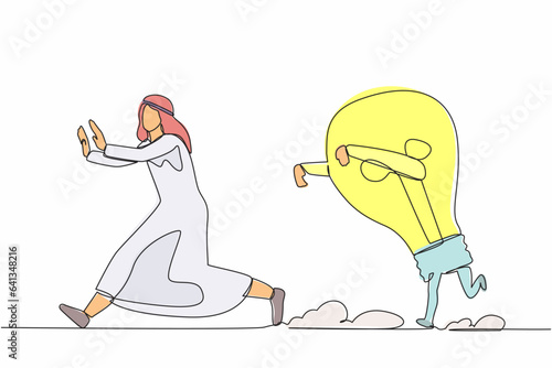 Single continuous line drawing unhappy Arab businessman being chased by light bulb. Losing new business idea, inspiration, innovation. Minimalism metaphor. One line graphic design vector illustration © Simple Line