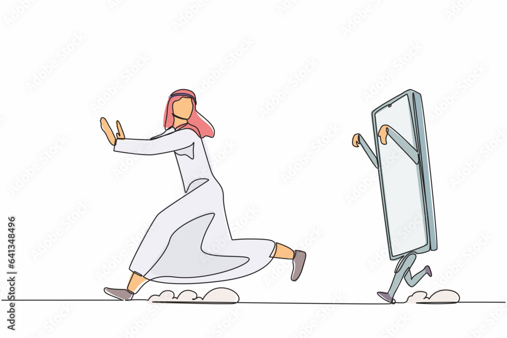 Obraz premium Continuous one line drawing unhappy Arab businessman being chased by smartphone. Refuse to talking or speaking to boss. Technology communication modern. Single line design vector graphic illustration