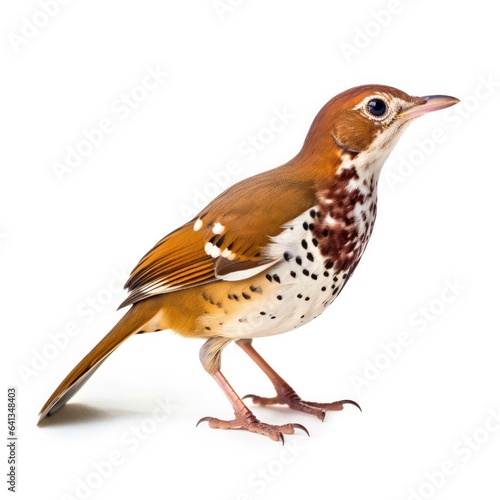 Wood thrush bird isolated on white background.