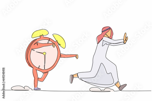 Continuous one line drawing unhappy Arabian businessman being chased by alarm clock. Manager awake from laziness. Running out of time. Deadline project. Single line design vector graphic illustration