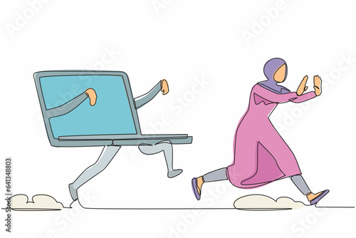 Continuous one line drawing fright Arab businesswoman being chased by piggy bank. Worker in financial or economic crash. Losing money. Minimalist metaphor. Single line draw design vector illustration