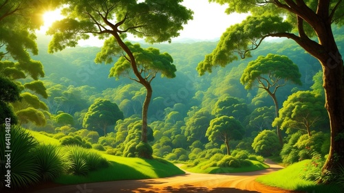 A beautiful forest with sunlight shining through large trees. Illustration, AI Generated