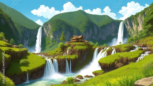 A beautiful and grand waterfall flowing down a vibrant and green mountainside. Illustration, AI Generated